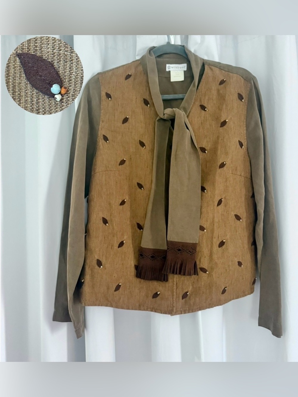 Vintage Wildroot 100% Linen Blouse Shirt Top Button Fringe Leaf Beaded Neck Tie